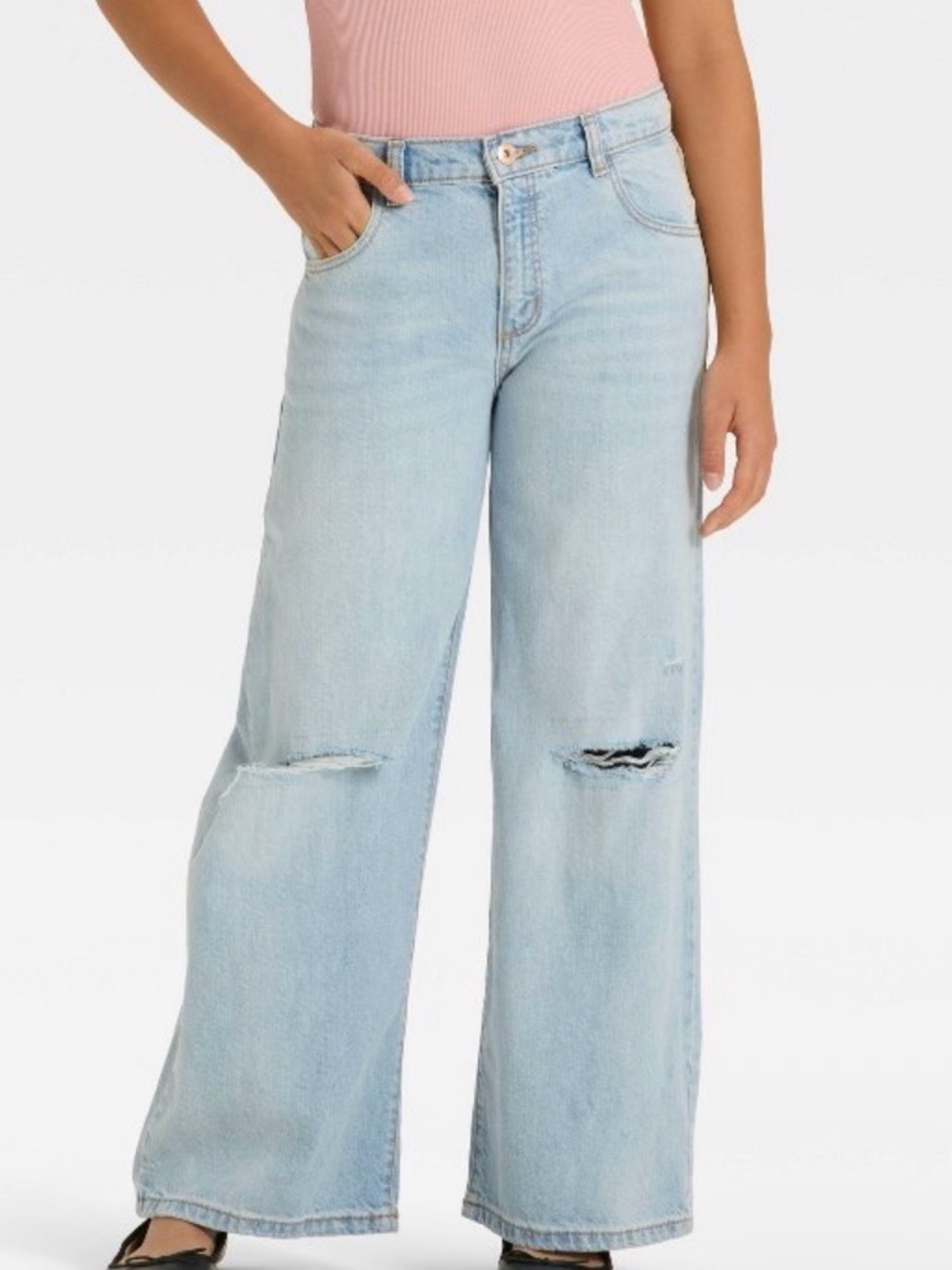 Light Wash Wide-Leg Distressed Girls Jeans